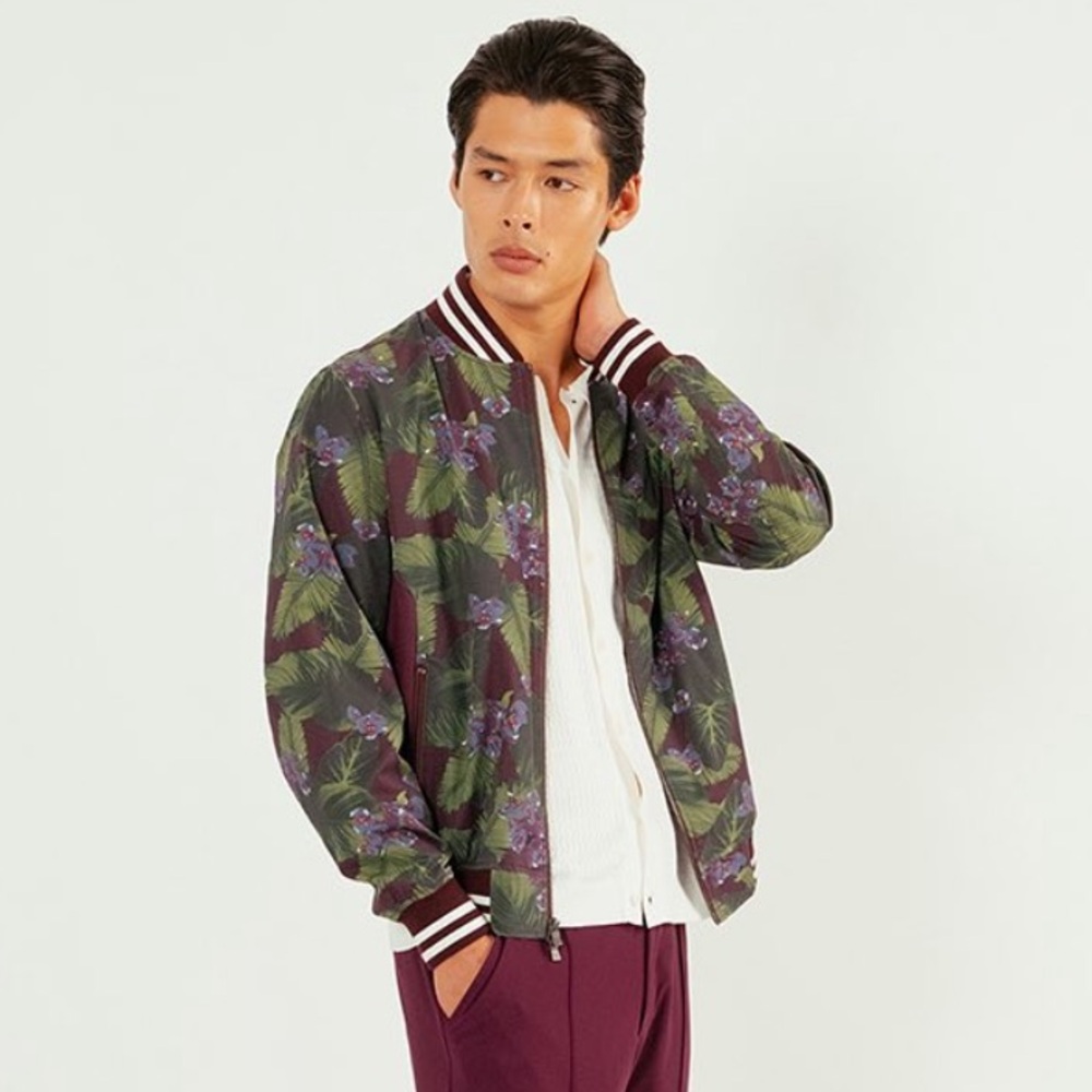 Men's Floral Leaf Bomber Jacket - Green & Purple